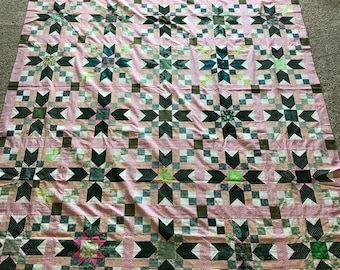 Quilt Top : Green & Pink Stars w/ Binding
