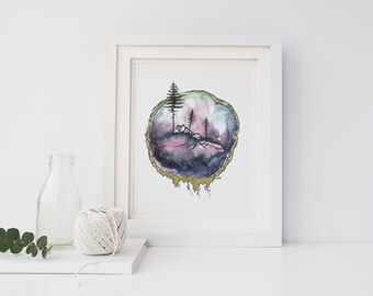A Golden View - Mountain Art - Pacific Northwest Art - Print - Nature art - Watercolor Print - Free Shipping