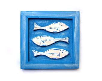 Ceramic fish art, Ocean blue fish art, Fish Home decor, Fish Nautical wall decor, Beach house decor, White and Blue