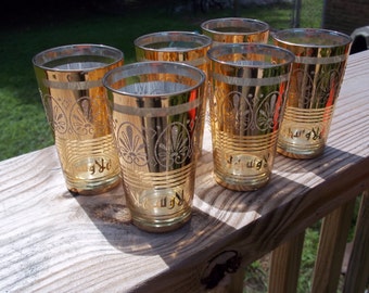 Six Mid Century Gold Plated Foreign Writing Barware or Juice Glasses Box FF