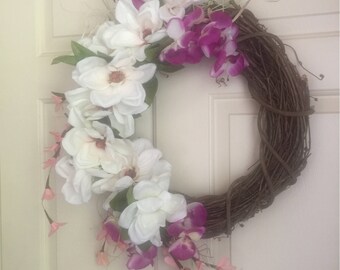 White Flower Wreath. Purple Flower Wreath. Pink Flower Wreath. Summer Wreath. Grapevine Wreath.