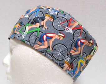 Mens Scrub Hat, Surgical Cap, Chemo Hat or Skull Cap Bicycling on Grey