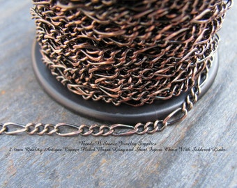 5 Feet - Quality Antique Copper Plated 2.3mm Long Short Figaro Bulk Chain