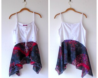 M~L~ Lace & Floral Harvest Tank Sun Top / Tunic gypsy clothing lagenlook handmade upcycled clothing boho chic hippie wearable art