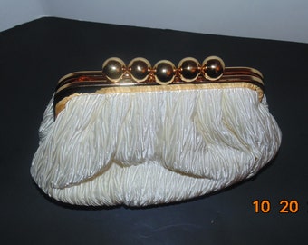 VINTAGE carla Marchi clutch pleated purse bag with gold colored hardware cream fortuny