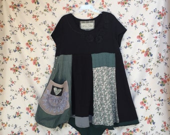 Upcycled Shabby Chic Black Green Patchwork Loose Fit Dress , Tattered Boho Junk Gypsy Artsy Clothing