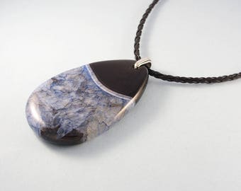 Black and blue stone necklace - druzy agate pendant with silver chain or black leather cord