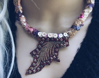 Boho tattered textile necklace | textile necklace, wearable art, fabric necklace, textile jewelry, fabric jewelry, boho necklace