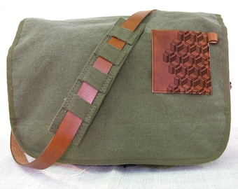 canvas messenger bag with leather accents cubes bag - olive green