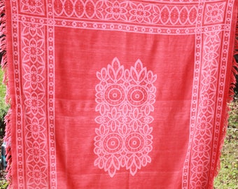 Antique Turkey Red Damask Fringed Tablecloth