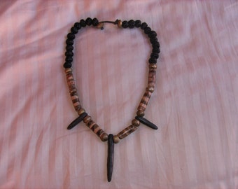 Tribal Wood, Stone, and Metal Necklace - 70's Approx. 20 inches with 1 inch for clasp
