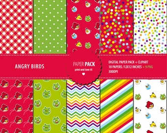 Digital Paper Pack and Clip Art Angry Birds Printable. 12x12 sheets 300 dpi scrapbooking + 9 PNG CLIPART