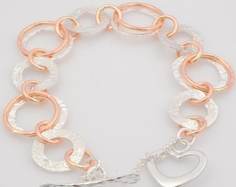 Chain Link Bracelet, Silver and Gold Link Bracelet, Handmade Link Bracelet, Handmade Silver Heart Lock, mixed metal Bracelet
