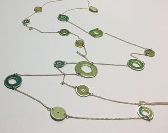 Long Sterling Silver Necklace with Resin Hoops in Greens and Yellow