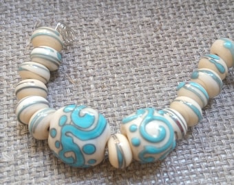 Handmade Glass Lampwork Beads - ivory blue beads
