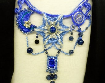 necklace, bib, seed beads, Lapis Lazuli, Swarovski crystal, gift for her, hand woven peyote !! !
