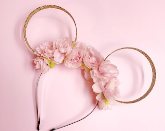 Pink Flower Crown and Gold Glitter Mouse Ears