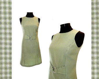 Vintage Dress 1960s Green Dress Retro Dress Sleeveless Dress Checkered Dress Summer Dress Checkered Fabric Mod Dress Shift Gogo Dress Small