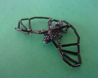 Bat in black, grey and pink seed bead - 65 mm x 40mm