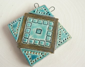 Water Blue & Turquoise, Tibetan Inspired Pendant, Pieced on Point Squares, Ceramic Pendant, Kiln Fired, Boho Artisan Beads, OOAK