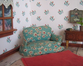 Vintage Dollhouse Miniature Upholstered Sofa- WEE DOLL HOUSE Furniture- 3/4" Scale- ca. Early 1930s-40s