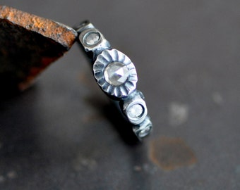 rose cut diamond ring, forged and flush set dark sterling silver ring with gemstones, eco friendly, April birthstone