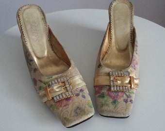 Vintage 1960s leather sandals | 60s leather wedge sandals | 1960s brocade mules