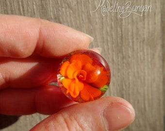 Everlasting Orange and Pink Rose Marble, unusual gift, collectible glass art, sphere, lampwork, flower, implosion