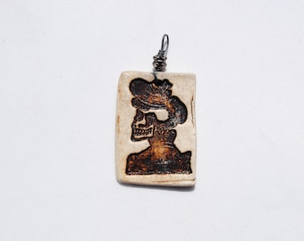 ceramic skull pendant, clay skull necklace, skeleton focal bead