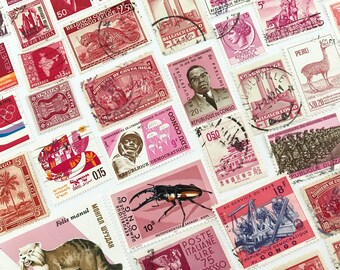 Vintage Worldwide Cancelled Red & Pink Postage Stamps / lot of 50 Used off-paper canceled stamps - crafting stamps paper ephemera