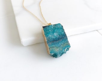 Teal Druzy Necklace. Geode Necklace. Druzy Jewelry. Stone Necklace. Teal Aqua Gold Necklace. Chunky Necklace. Gift.