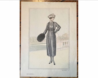 1919 ANTIQUE FRENCH FASHION lithograph - original antique print - fashion illustration design fashion designer - grey afternoon dress