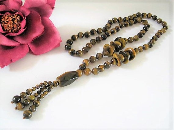 Tiger Eye Necklace, Glass Beads, Tassel Bottom