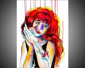 Miriam watercolor painting, Newt painting, Newt art, Newt wall art, Woman art, Woman painting, Woman gift, Bizarre, Weird