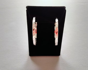 Large Sterling Silver Hoop Earrings Textured Polished Raised Design