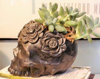 Ceramic Skull Planter, Matte Black Ceramic Sugar Skull Planter, Succulent Planter, Skull Planter, Human Skull Planter, Cactus Planter,