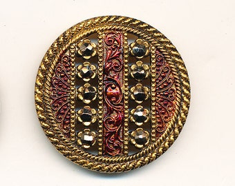 Antique Button - Brass with Cut Steel and Red Tint MINT - BEAUTIFUL ca. 1890's