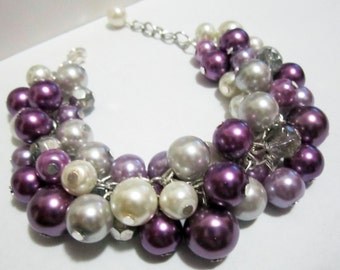 Shades of Purple Pearl Bracelet, Lavender, Plum Bridesmaid Bracelet, Chunky Cluster Bracelet, Bridesmaid Gift, Bridal, Wedding Jewelry