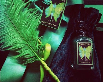 ABSINTHIA ~ Green Feather Plume Dip Pen & Green Perfumed Ink Gift Set