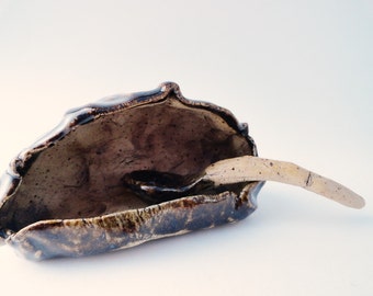 Rustic Salt Pig with Spoon, Primitive Salt Cellar, Blue Brown, Small Wrinkled Pottery Bowl. Hobbit Tableware