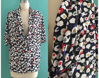vintage 80's black floral print blouse // spring print top