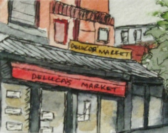Boston Watercolor Painting Pen Ink Deluca's Market Newbury St Boston Artist Trading Note Card Gift Set Original Landmark Kathleen Daughan