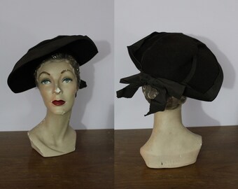 vintage 40s hat / 1940s Brown Wide Brim Hat / 40s Tilt Hat