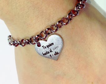 Pulsera personalizada corazón aniversario grabado a láser acero y zamak con baño de plata "Te quiero hasta el infinito" Regalo especial amor