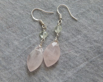 Rose Quartz and Prehnite Sterling Silver Earrings, Handmade, Gemstone Earrings