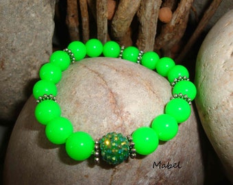 Neon Green elastic bracelet, rhinestone and silver beads for women