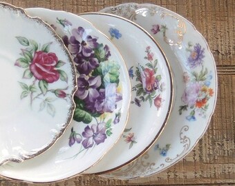 Vintage Floral Mismatched Saucers Set of 4 Wedding Assemblage Plates Wall Decor Collection