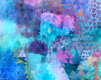Geometric Abstract Painting, Teal, Triangles, Colorful, Vibrant, "Just Before Creation" 20x24"