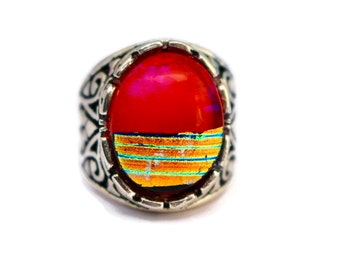 Dichroic Glass Ring, Fused Glass Ring, Adjustable Ring, Red, Hot Pink and Gold Ring, Adjustable Silver Ring, Dichroic Glass Jewelry