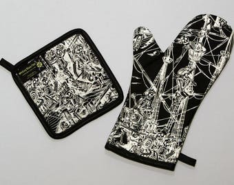 Pirate Skeletons on a Ship, Oven Mitt and Pot Holder, Sets and Singles, Swashbuckling Skelewags, Black and White, Pirate Housewarming